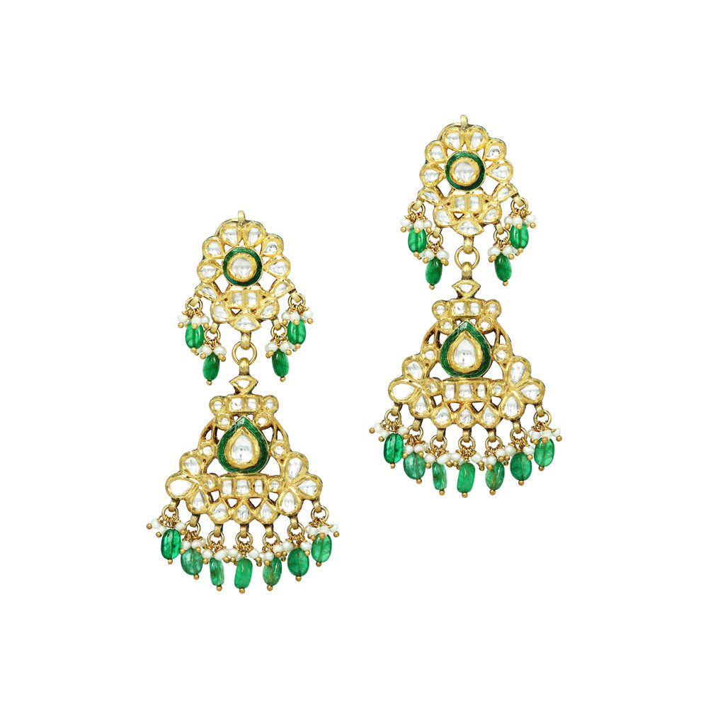 Polki Jadau Earrings with Green Meenakari and Emerald Maniya